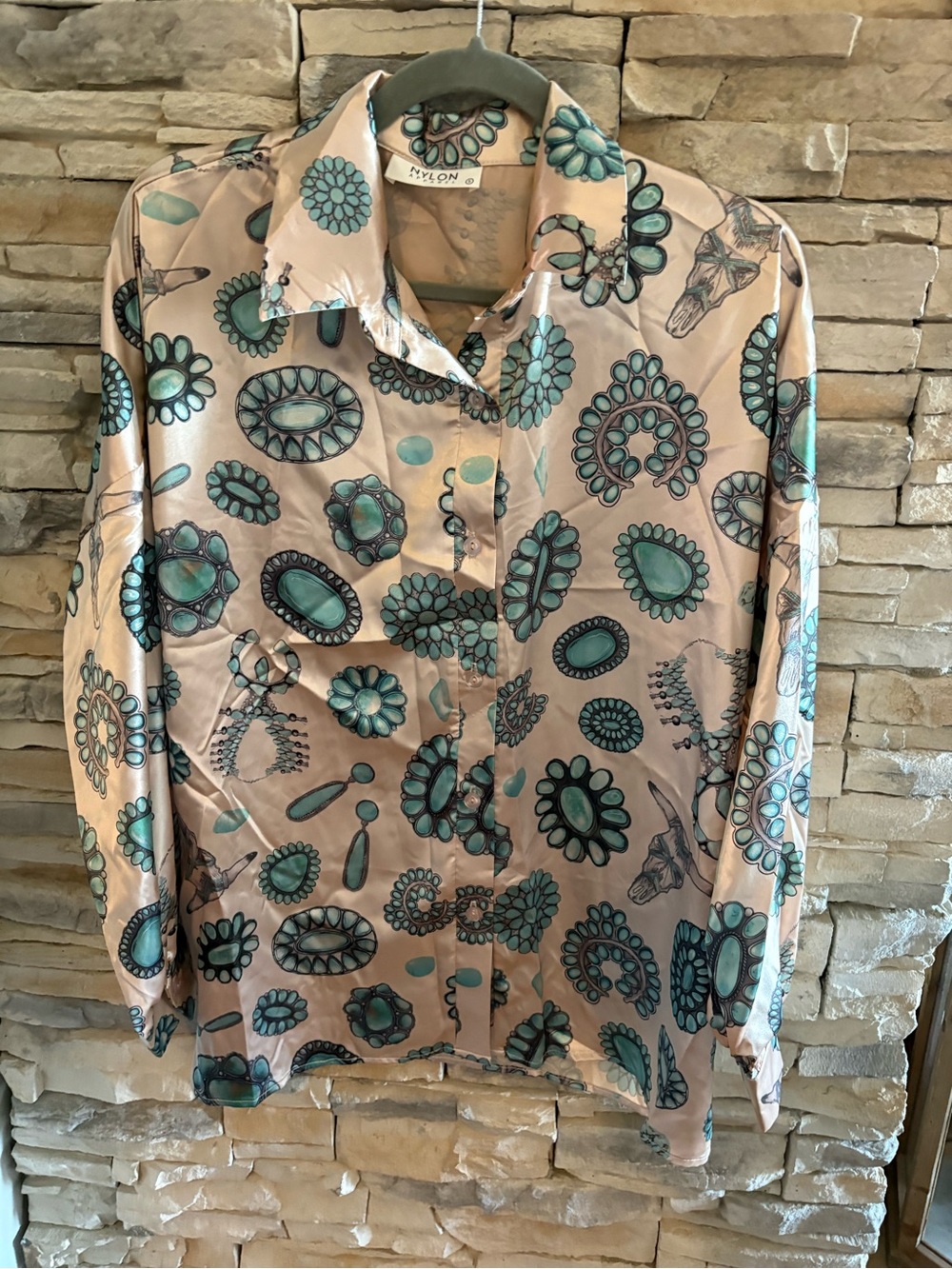 NWT, Turquoise Concho Print Button-Up Blouse Size S
